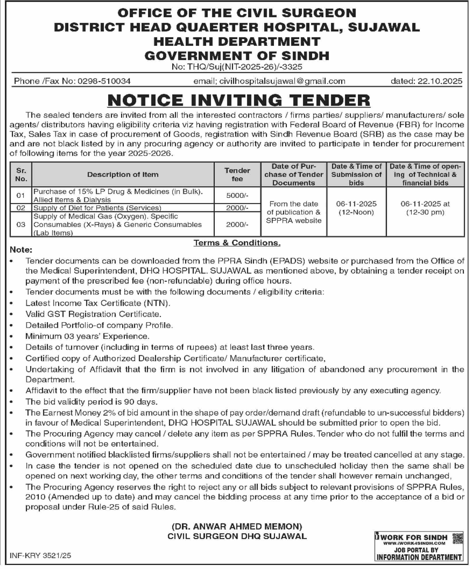 DHQ Hospital Sujawal Tender Notice